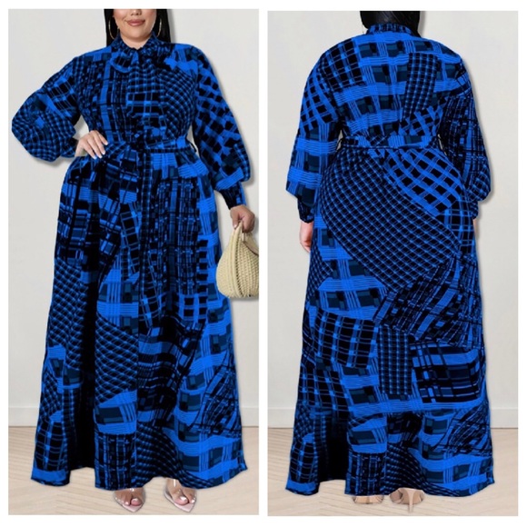 4X-5X Elle Blue & Black Geo Print Dress with Belt - Picture 7 of 8